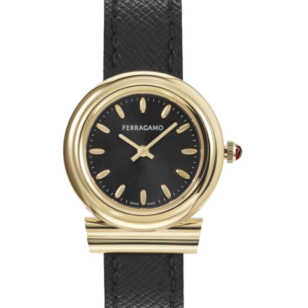 Ferragamo Ladies Gold Black Leather Watch